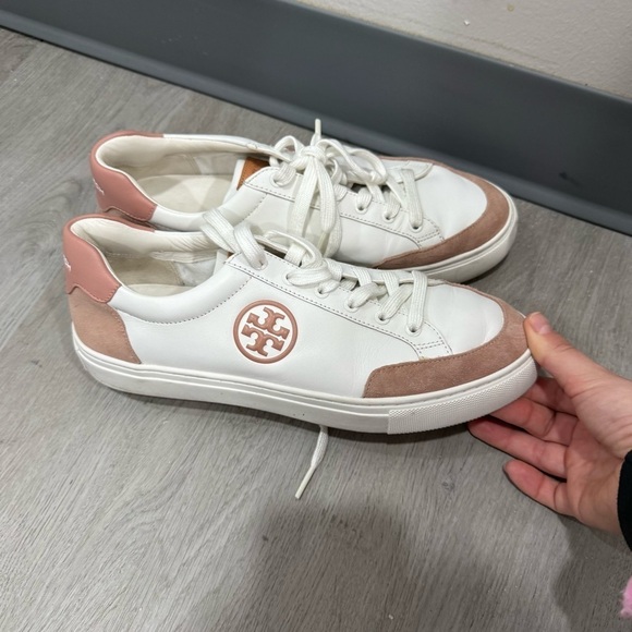 Tory Burch Sneakers Andrea Leather Colorblock Pattern in White Suede Pink - Picture 3 of 9